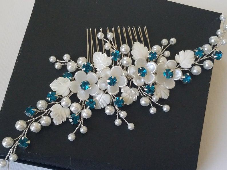 Wedding - White Pearl Teal Crystal Hair Comb, Wedding Peacock Hair Piece, Bridal Pearl Crystal Headpiece, Teal Hair Jewelry, Pearl Flower Bridal Comb