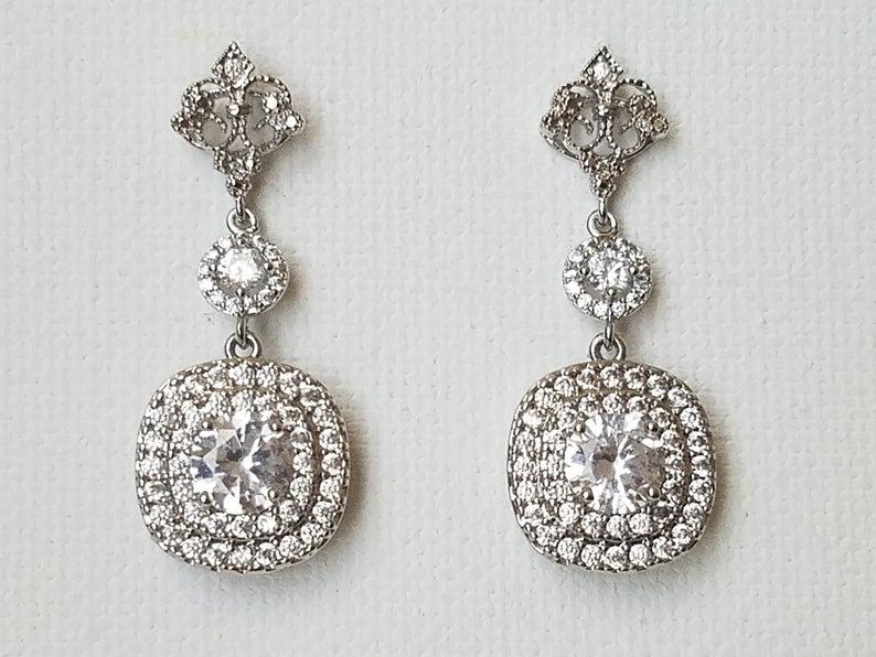 Hochzeit - Crystal Halo Bridal Earrings, Wedding Cubic Zirconia Earrings, Crystal Square Silver Dangle Earrings, Cubic Zirconia Bridal Wedding Jewelry