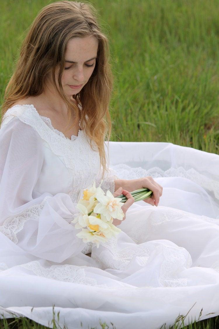 Hochzeit - CELESTE Vintage 1960's Wedding Dress White Lace Poet Sleeve Maxi Gown Sheer Sleeves