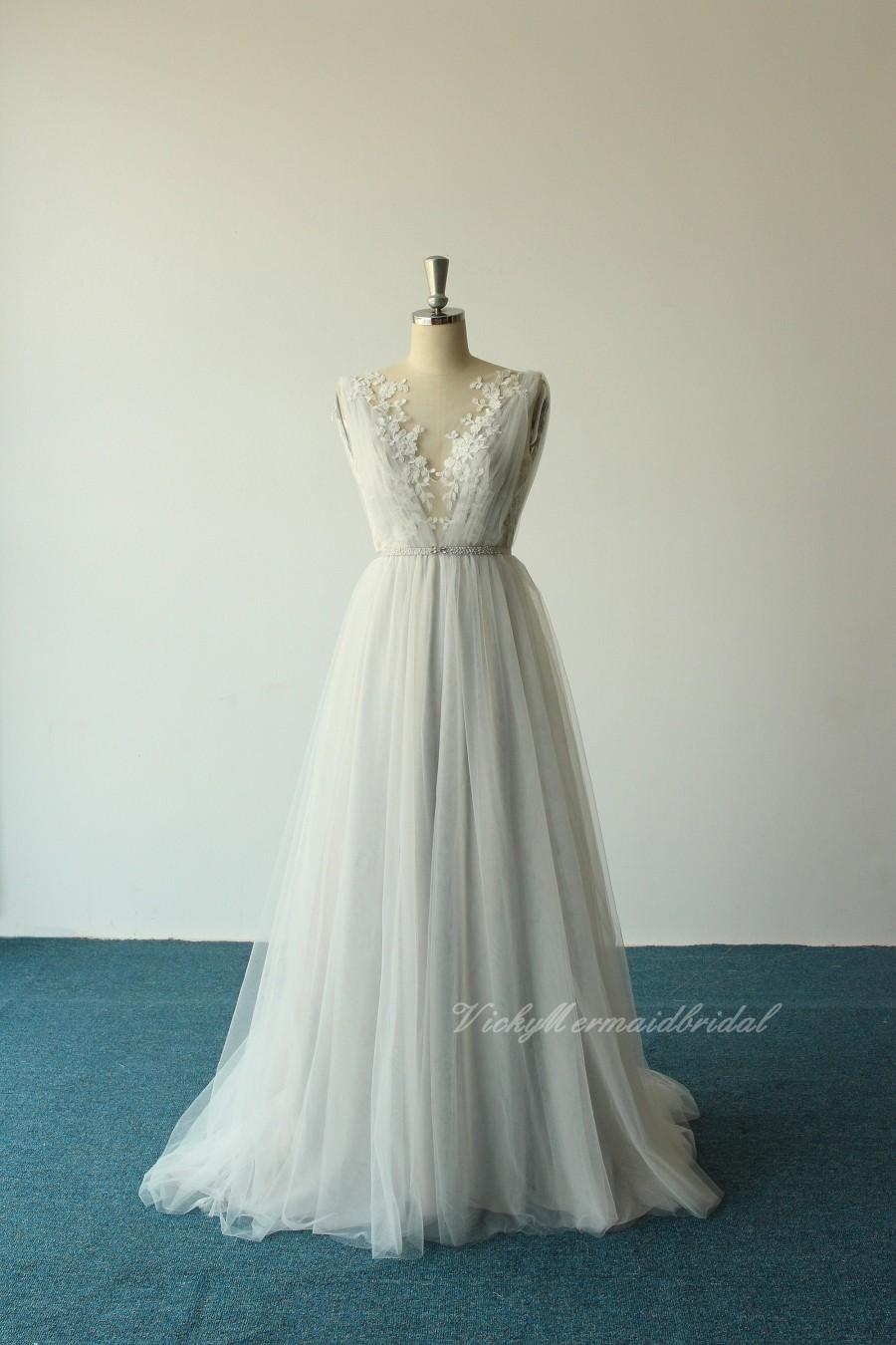 Mariage - Romantic flowy open back deep V neckline tulle lace wedding dress, bohomian wedding dress with silver lining