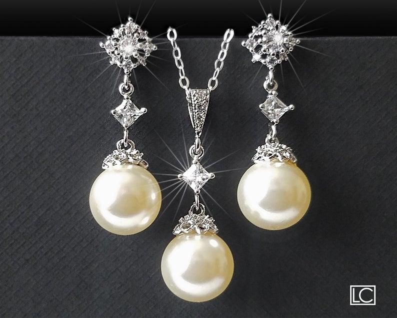 زفاف - Wedding Jewelry Set, Pearl Bridal Jewelry Set, Swarovski Ivory Pearl Earrings Necklace Set, Bridal Jewelry, Pearl Drop Silver Set, Prom Set