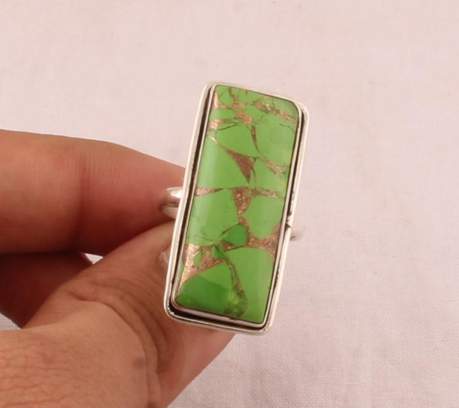 Wedding - Green Copper Turquoise Rectangle Gemstone Silver Ring - 925 Sterling Solid Silver Ring - Copper Turquoise Ring - Handmade Ring - Gift Idea