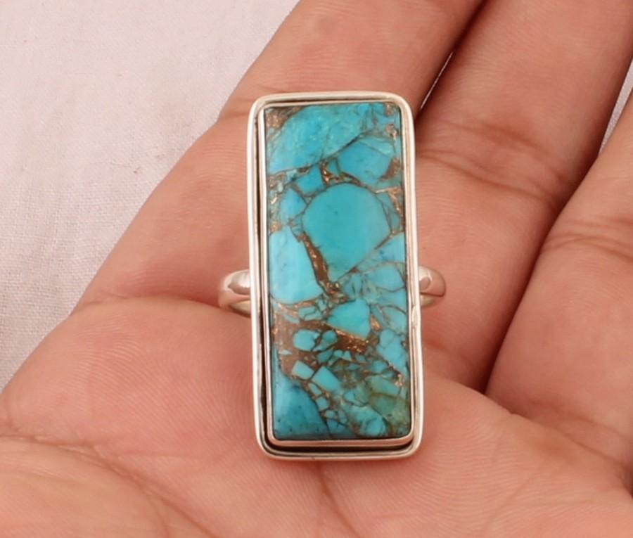 زفاف - Blue Copper Turquoise Rectangle Gemstone Silver Ring - 925 Sterling Solid Silver Ring - Copper Turquoise Bar Ring - Handmade Ring -Gift Idea