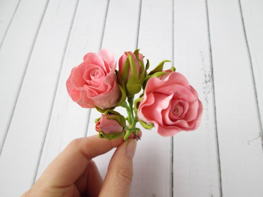 Hochzeit - Peach Miniature Rose Hair Pin - Small Pink Rose Bud Hairpin - Floral Bridal Hair Accessories - Wedding Hair Decoration - Flower Hair Clip