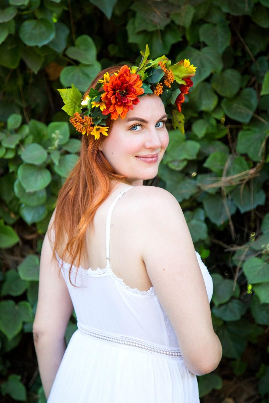 زفاف - Autumn Flower Crown, Orange Floral Arrangement, Scarecrow Flower Crown, Big Flower Headband, Fall Festival Crown, Wedding Flower Accessories