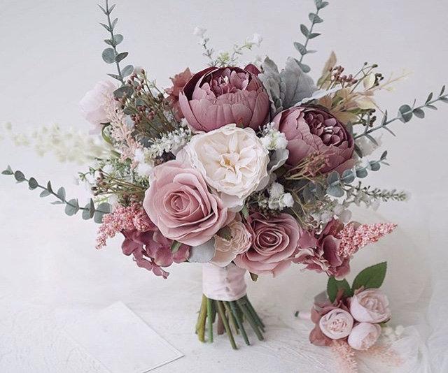 Hochzeit - Artificial Eucalyptus Mauve Dusky Pink Bouquet - Bridal Rose Bouquet - Bridal Arrangement - Flower Arrangement Bouquet