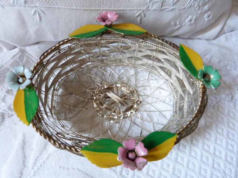 Mariage - French Vintage wedding gift bonbonniere silverplate metal woven basket w enamel roses French keepsake mariage basket for guests dragee gifts