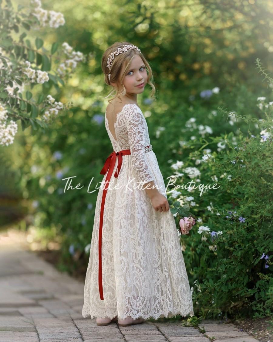 Mariage - Flower girl dress, long sleeve flower girl dress, rustic flower girl dress, boho flower girl dress, lace flower girl dress, wedding dress