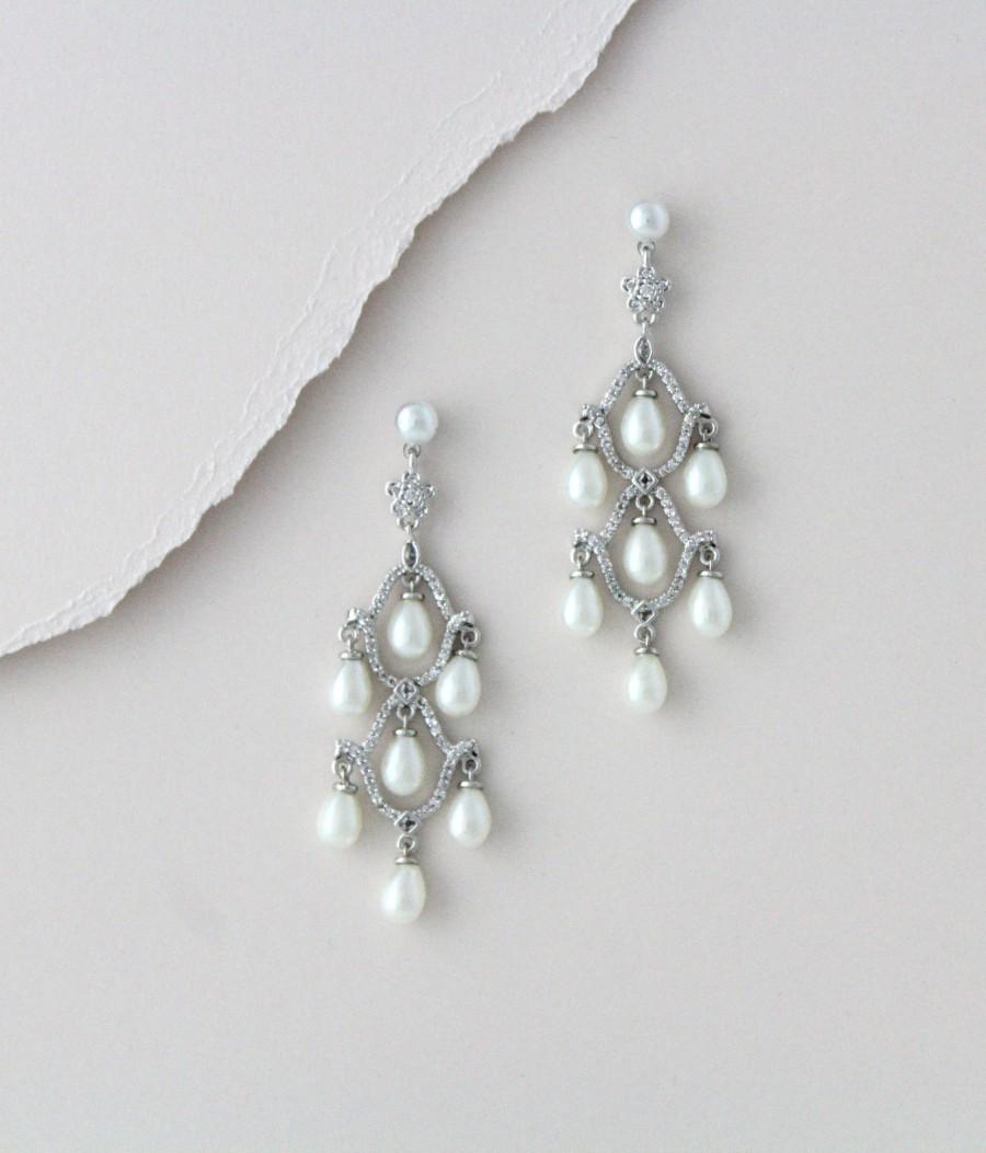 زفاف - Pearl drop Wedding earrings Crystal Bridal earrings Bridal jewelry Chandelier Wedding earrings CZ earrings Rose gold Dangle earrings