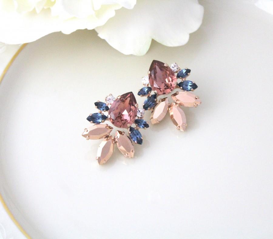 Свадьба - Rose gold Burgundy earrings Swarovski crystal earrings, Bridal jewelry, Large stud earrings, Navy blue Wedding earrings, Bridesmaid earrings