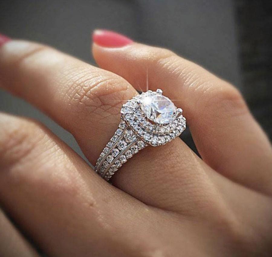 زفاف - 1.50 CT Sterling Silver. cushion cut ring. simulated Diamond.  Engagement Ring. Double Halo. Bridal Ring, Wedding Ring, Promise Ring