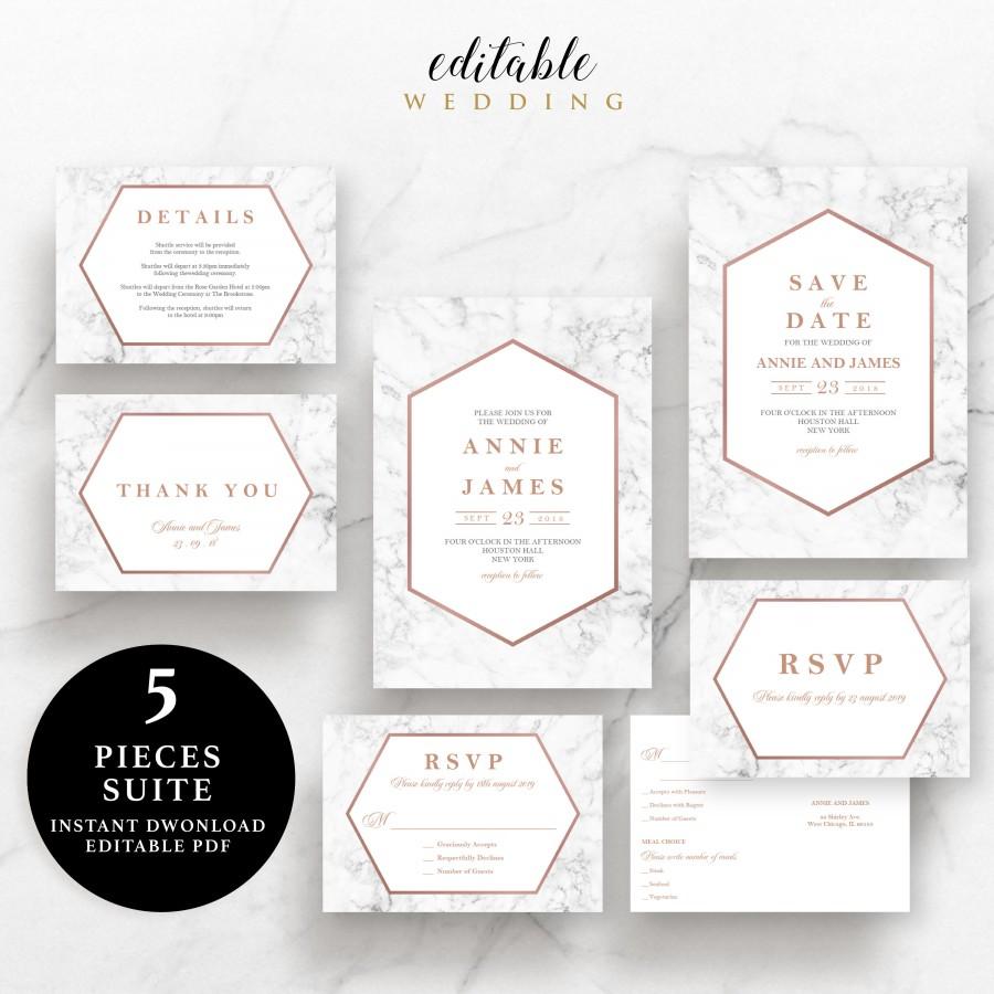 Свадьба - Marble with Rose Gold Wedding Suite, Invitation, Save the Date, RSVP, Thank You Card, Details Card, Instant Download Printable, EWSU023