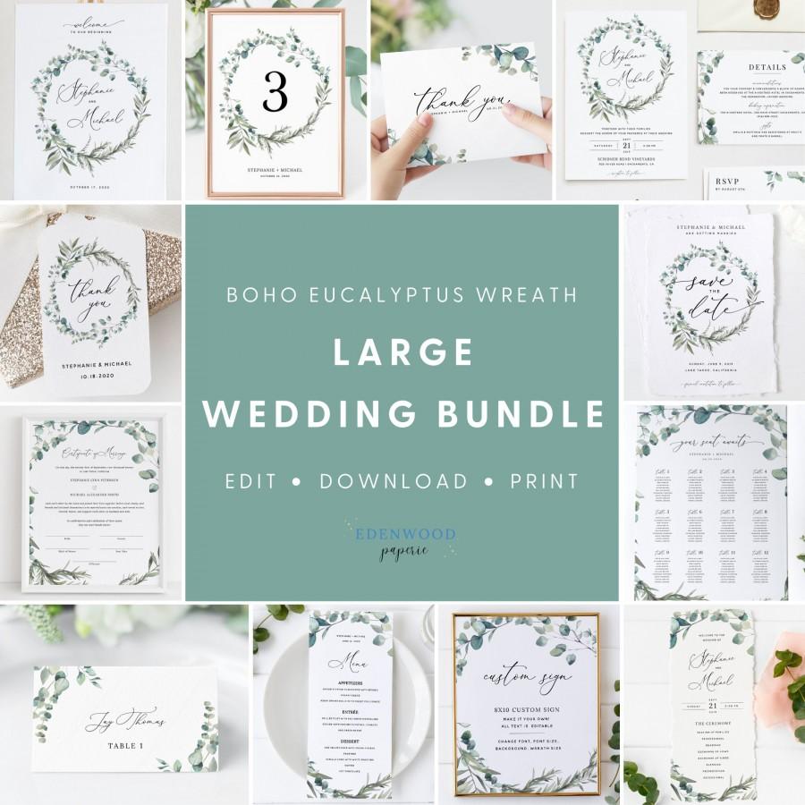 Свадьба - Boho Eucalyptus Wedding Template Bundle, Greenery Wedding Invitation Set, Printable Wedding Suite Download, Wedding Template Bundle, #007