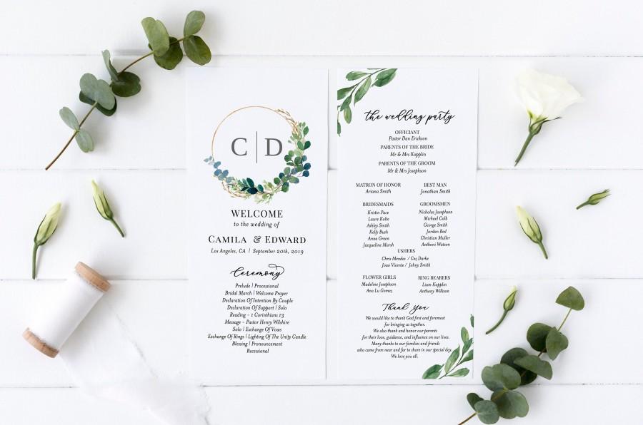 زفاف - Greenery Wedding Programs, INSTANT DOWNLOAD, Wedding Program Template, 100% Editable, Bohemian Greenery, Templett, Editable Program