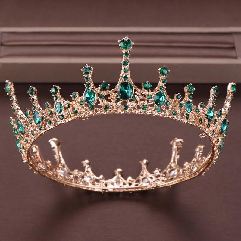 زفاف - Vintage tiara Baroque Green Crystal Round Queen Crown Wedding tiara Bridal Diadem Gold Color Headpiece Dress Wedding Hair Accessories