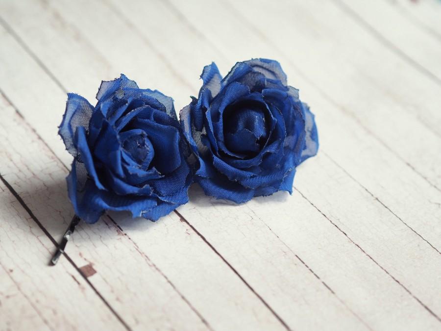 Wedding - Royal Blue Hair Rose, Hair Pin Set, Blue Hair Pin, Royal Blue Pins, Blue Rose Pin, Blue Wedding Bobby Pin, Bridesmaid Rose Pin