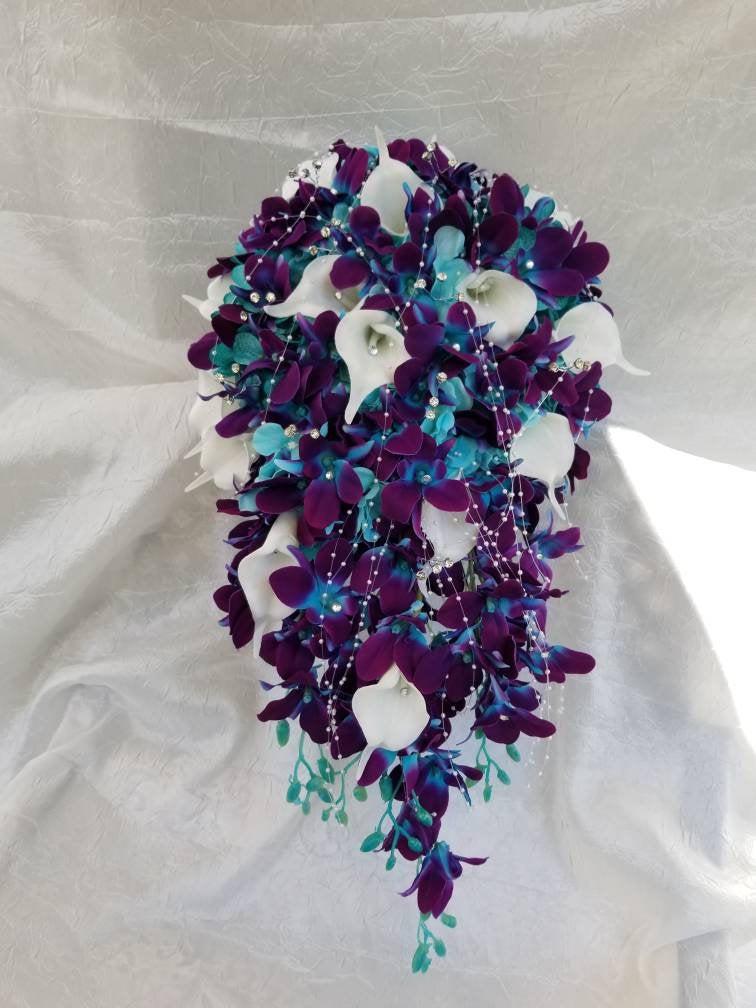 زفاف - Galaxy orchid cascading bridal bouquet, purple blue orchids, artificial flowers