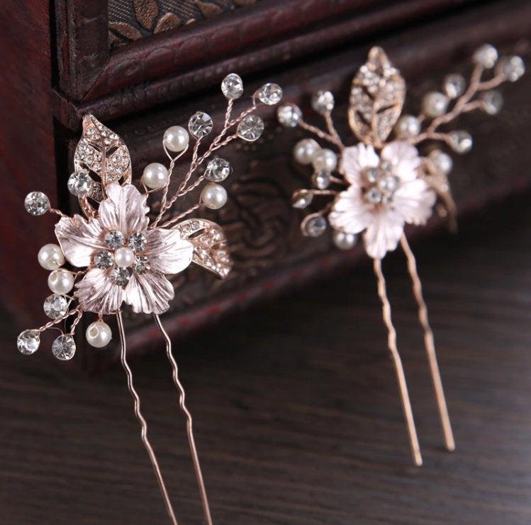 Mariage - Set of 2 Rose Gold, Bridal hair accessory, Bridal hair pin, Rhinestone