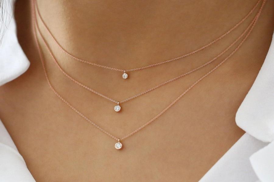 زفاف - Diamond Bezel Necklace / 14k Rose Gold Dangling Diamond Necklace / Brilliant Cut Real Diamond Necklace / Birthday Gift