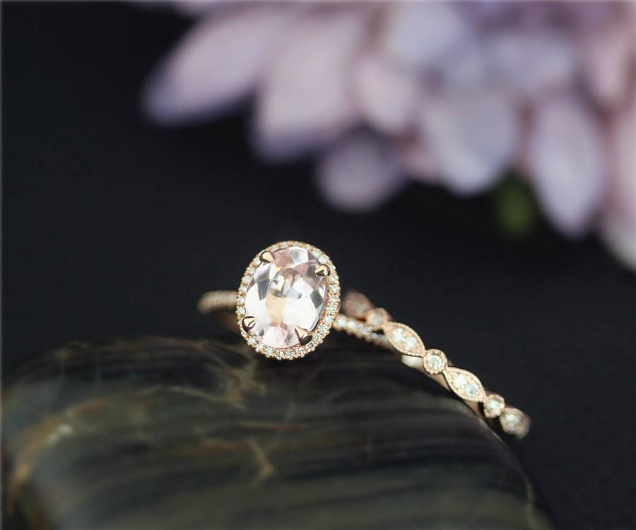 زفاف - Natural VS Morganite Engagement Ring Set! 7x9mm Oval Light Pink Morganite Ring Set Solid 14K Rose Gold Ring Wedding Ring Set Bridal Set