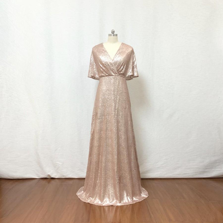 Hochzeit - Modest Matte Champagne Gold Sequin Long Bridesmaid Dress Sheath
