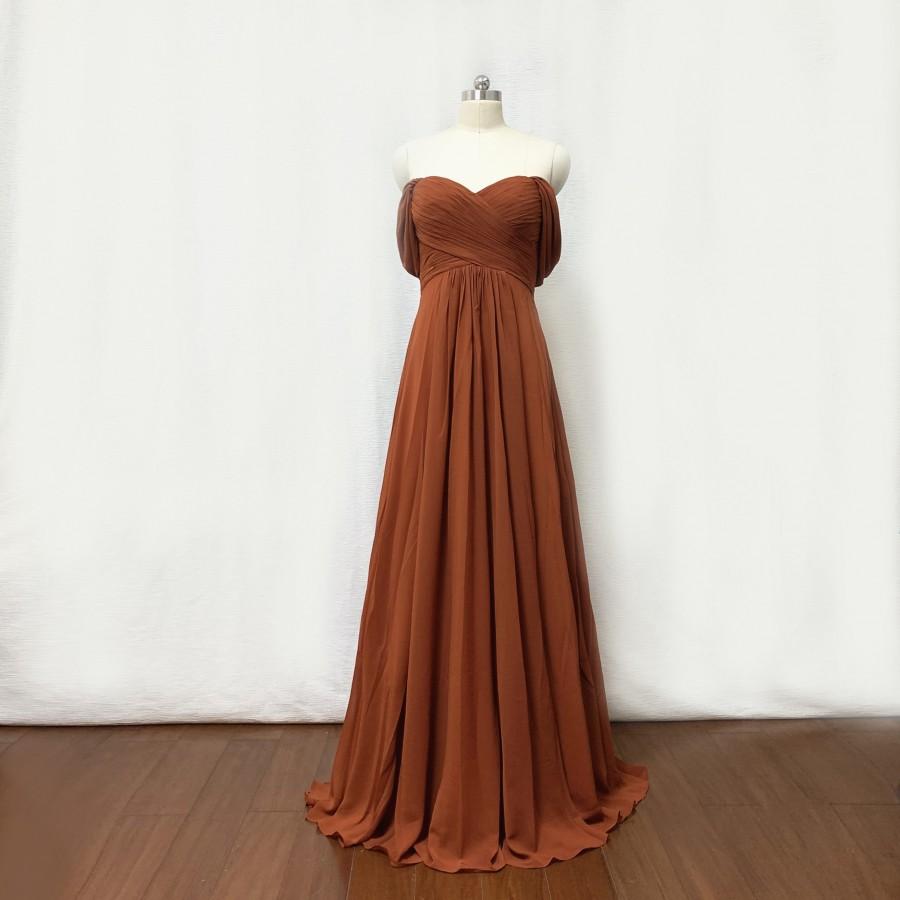 Hochzeit - Off the Shoulder Burnt Orange Chiffon Long Bridesmaid Dress