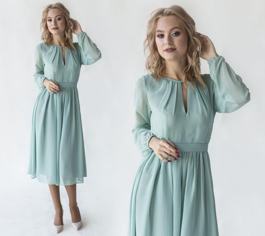Свадьба - Minimalist Sage Cocktail Flowy Dress With Long Sleeves / Tender midi chiffon dress for womens / Wedding party gown / Elegant prom gown