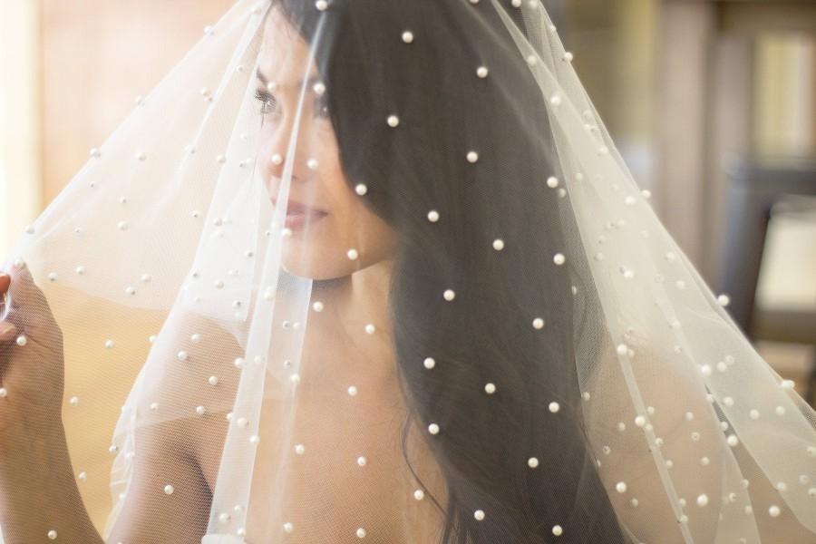 Hochzeit - Double Layer Pearl Veil with Blusher, Drop Veil