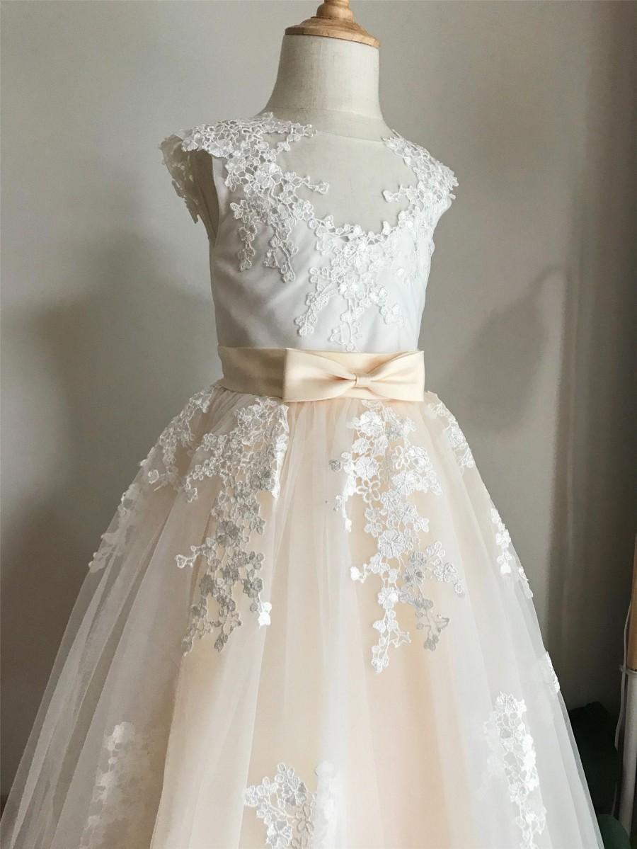 Mariage - Lace ivory champagne flower girl dress, tulle flower girl dress, illusion birthday girl dress with lace applique, tutu flower girl dress,