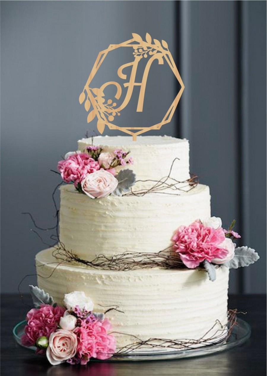 Wedding - Letter H Wedding Cake Topper, Custom cake topper for wedding, Personalized Single Initial cake topper, Wreath Customized Gold Cake Topper