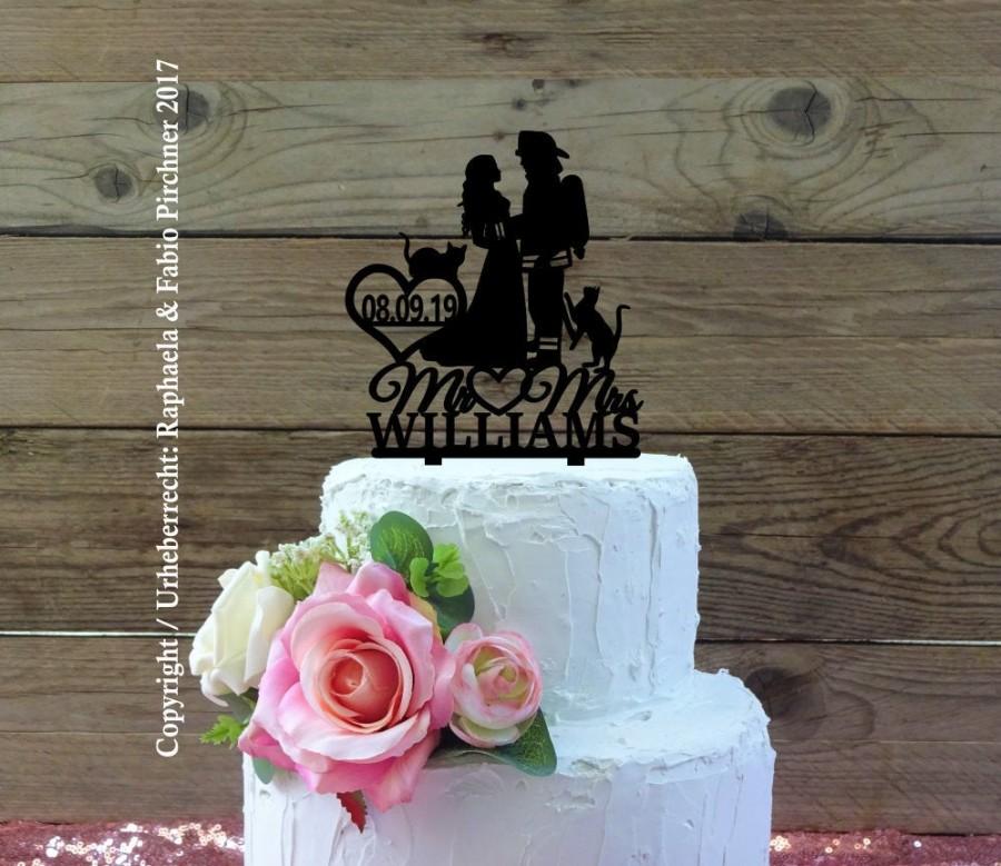 زفاف - wedding cake topper " birde with fire fighter & cat / cats " - last name / wedding date / personalized / individualized / wood / acrylic