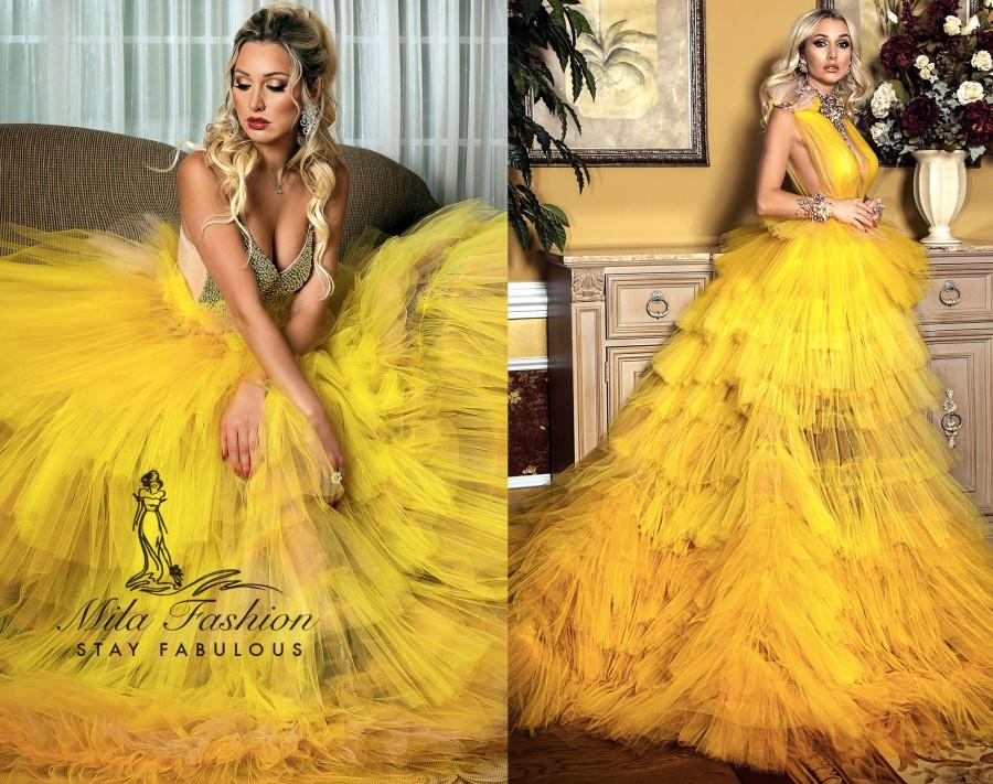 Hochzeit - YELLOW ombre large ruffled tulle skirt with a embellished corset wedding gown prom dress