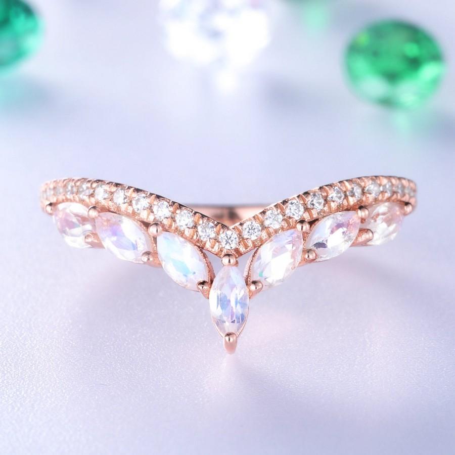 زفاف - Marquise Moonstone 14k Rose Gold Moissanite Curved Matching Wedding Band Stackable Stacking Ring Art Deco Chevron V Shape Engagement Ring