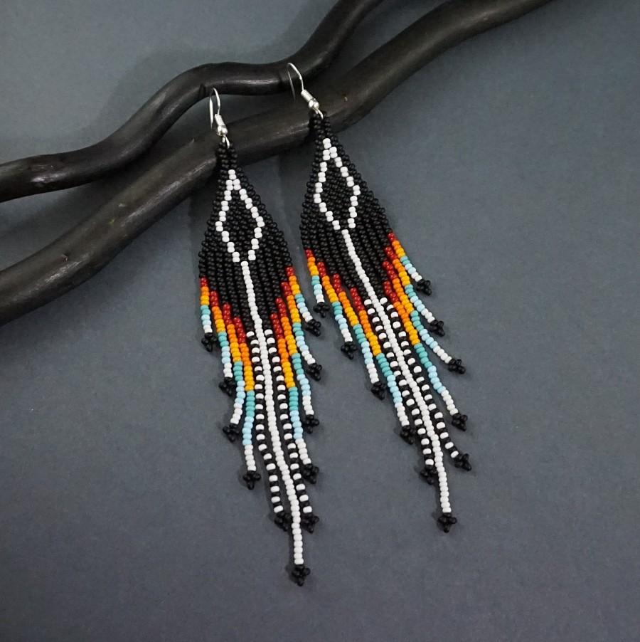 Wedding - Black Native American Beaded Earrings Style, Bohemian Earrings, Sripped Polka Dot Indian Earring Style Long Beaded earrings, Unique earrings