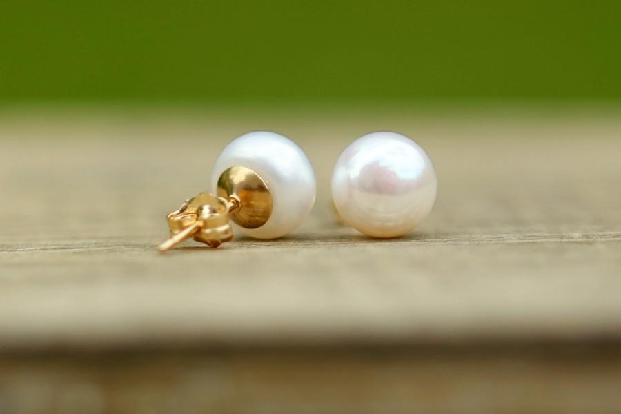 زفاف - 14K Gold Filled Ivory White Pearl Stud Earrings, Bridal Earrings, Bridesmaid Gift, Real Pearl Studs, Freshwater Pearl Earrings, 3-11mm
