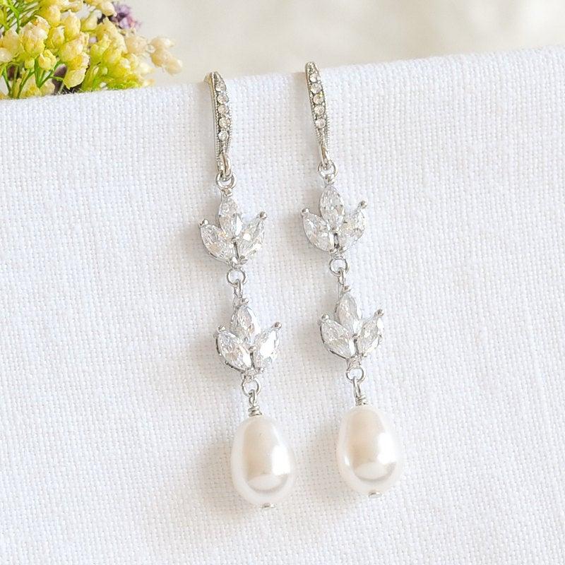 Hochzeit - Pearl Bridal Earrings, Crystal Wedding Earrings, Leaf Dangle Drop Earrings, Rose Gold Earrings, Bridal Wedding Jewelry, Bridesmaids, BLYTHE