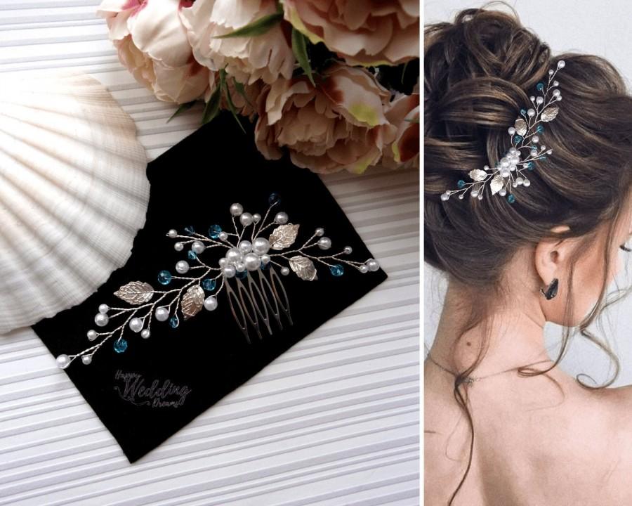 Wedding - Pearl and crystal bridal hair comb, Wedding hair comb with leaves, Bohemian bridal hair piece PG0041