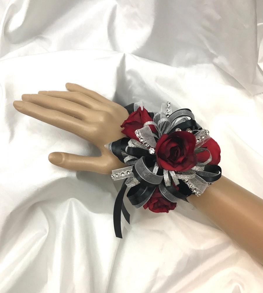 Wedding - Black and Red Rosebud Wrist Corsage