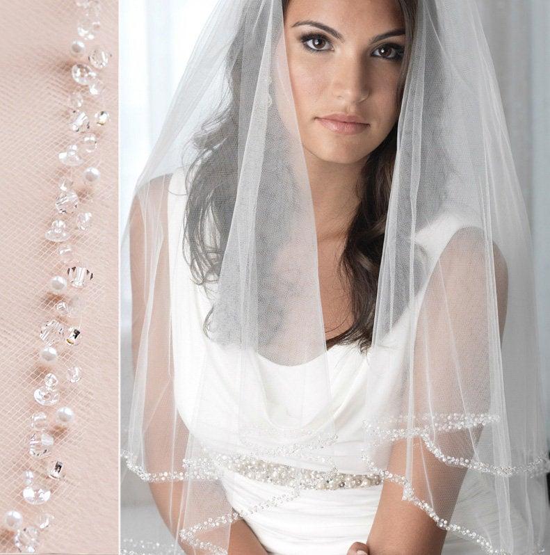 زفاف - Pearl Bridal Veil, Beaded Wedding Veil, 2 Layer Veil, White Veil, Ivory Veil Fingertip Veil, Bridal Hair Accessories, Tulle Veil ~VB-5011