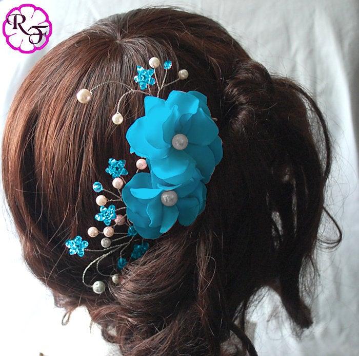 Mariage - Hair Piece Turquoise Hair Flower Bridal blue flower tone comb , hair accessory ,Bridesmaids hair piece , special occasion Prom Hair Clip