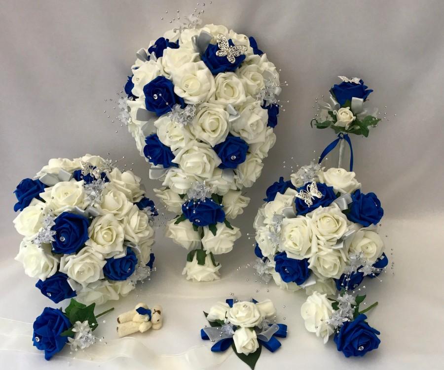 Mariage - Artificial wedding bouquets flowers sets ivory royal blue