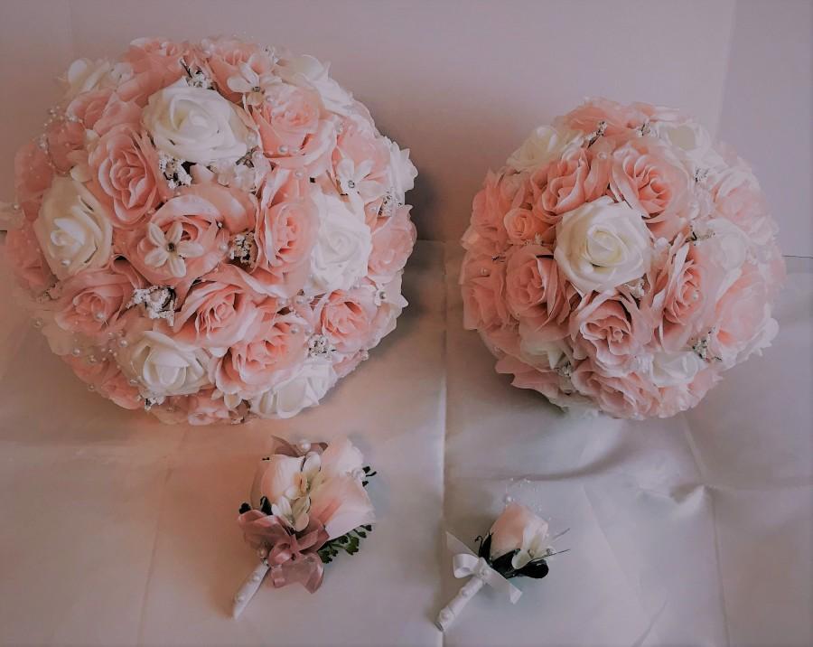 زفاف - Wedding Package 10 Pieces, Blush and White Roses, Bride Bouquet, MOH Bouquet, 2 Corsages. 6 Boutonnieres
