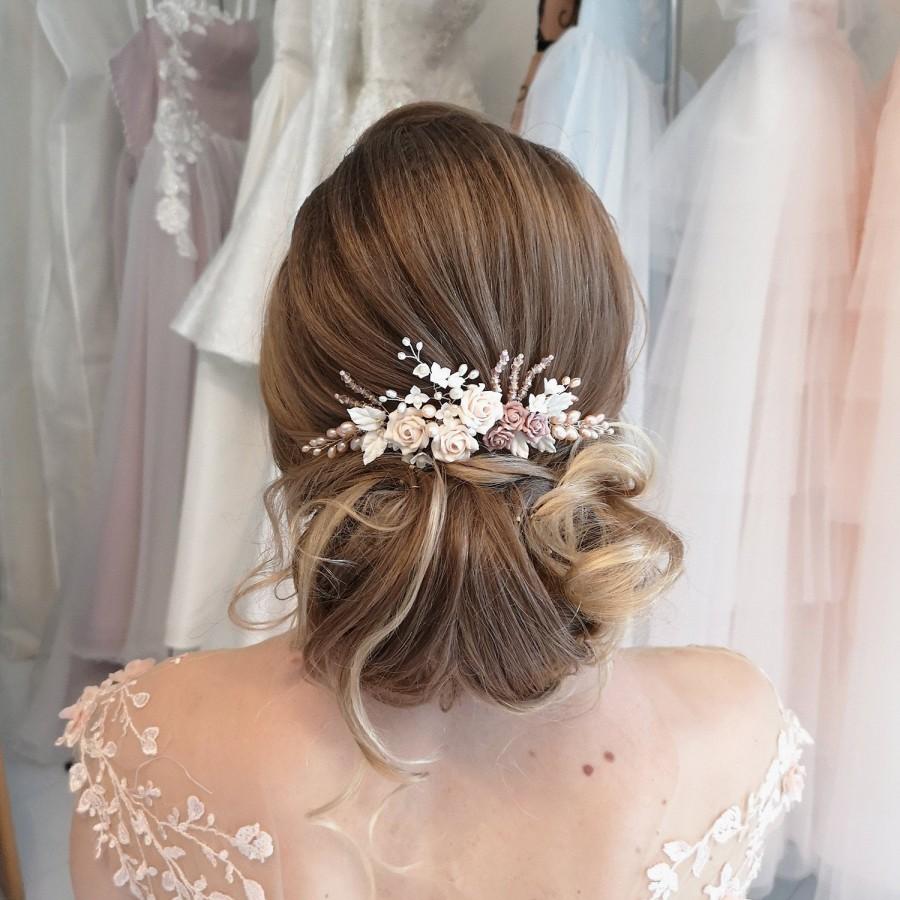 زفاف - ROSEN /Bride Hair Jewelry, Flower Comb, Hair Jewelry Roses & Freshwater Beads in Nude/Cappuccino Hue, Bridal Boho Style, Bridal Veil Comb