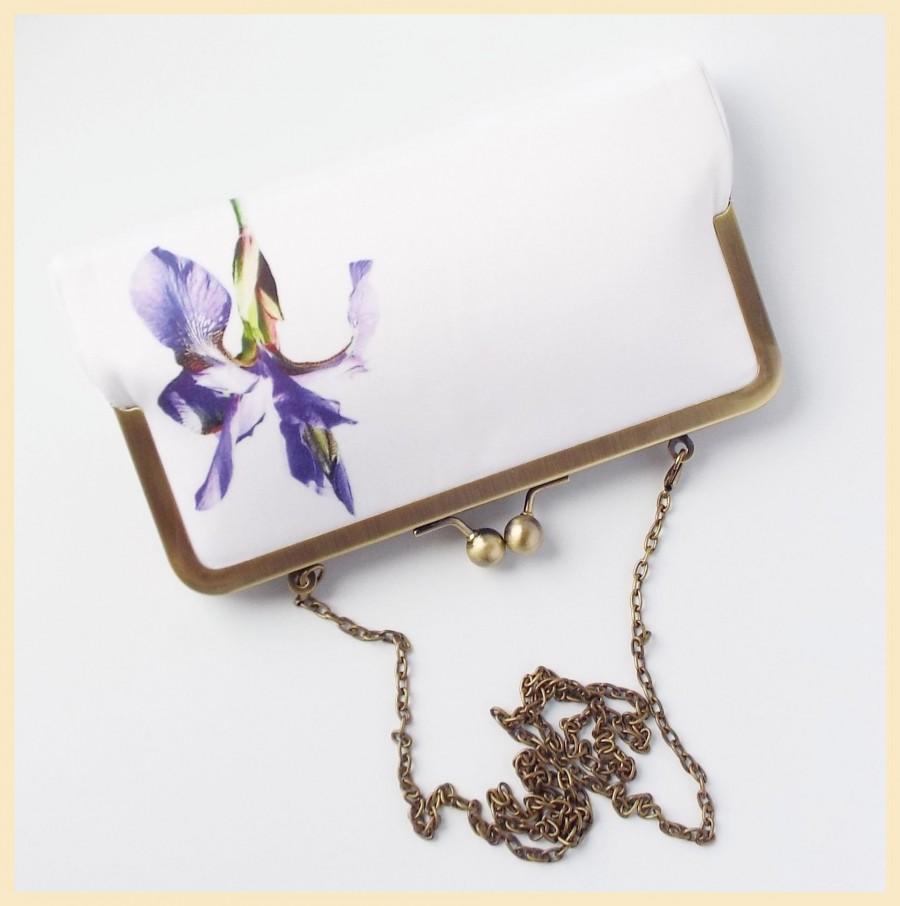 زفاف - Wedding clutch bag, white shoulder bag, lilac floral clutch, bridal purse for summer wedding with iris flower