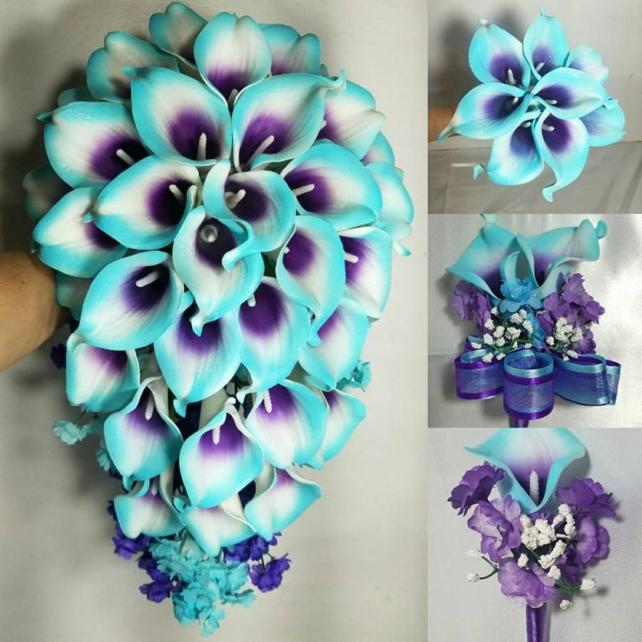 Mariage - Turquoise Purple Ivory Calla Lily Bridal Wedding Bouquet & Boutonniere