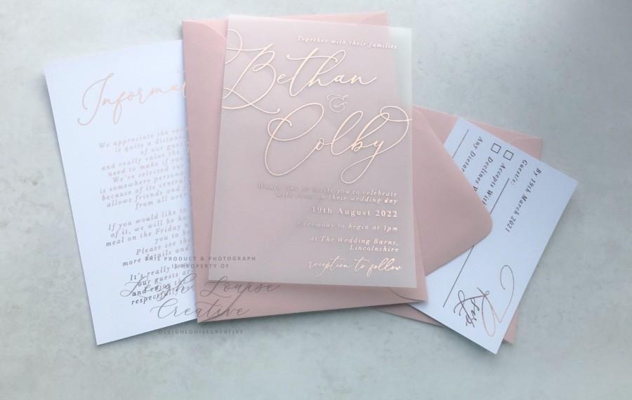 Hochzeit - Foil vellum invitation suite, foil save the date tag, vellum invitation, foil wedding stationery, rose gold, gold, silver, copper