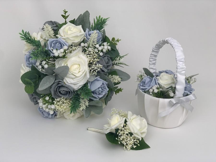 زفاف - Artificial Wedding Bouquets Flowers Package blue grey greenery