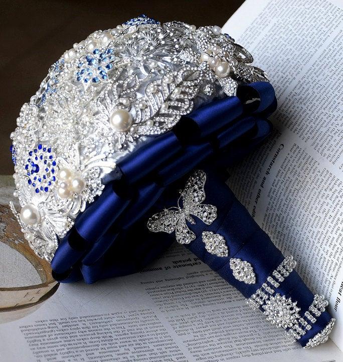 Mariage - Bridal Brooch Bouquet Pearl Rhinestone Crystal Silver Royal Dark Blue Vintage Luxury Shining Like Diamond - BB030LX