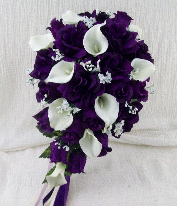 Hochzeit - Purple Bridal Bouquet, Cascade Bouquet, Wedding Bouquet, Flower Bouquet, Wedding Flowers, Silk Bouquet, Calla Lily, Van Caron Collection