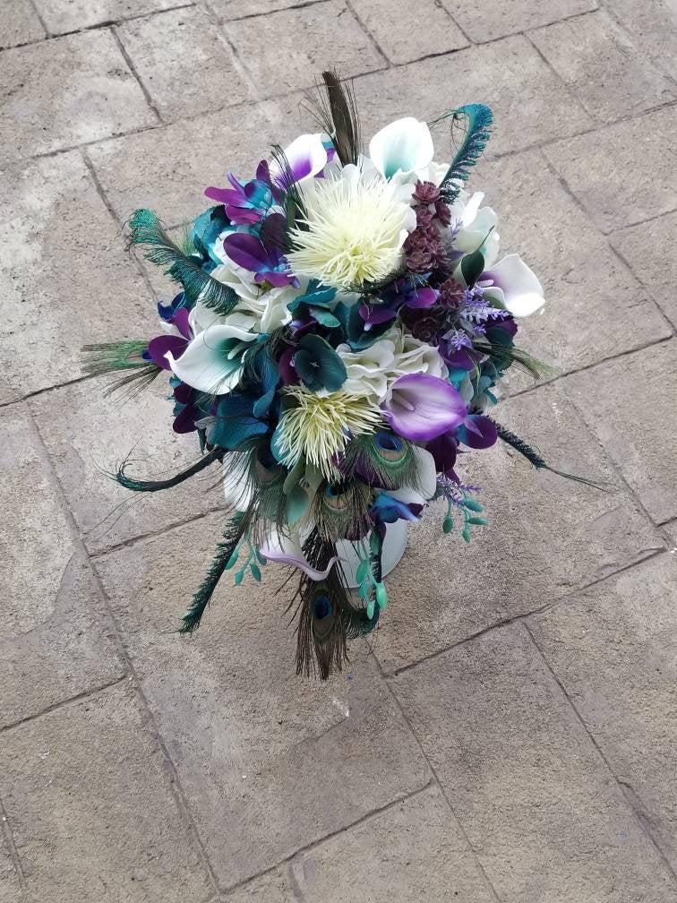 Wedding - Purple, teal, peacock bridal bouquet, cascading artificial flower bouquet, picasso calla bouquet
